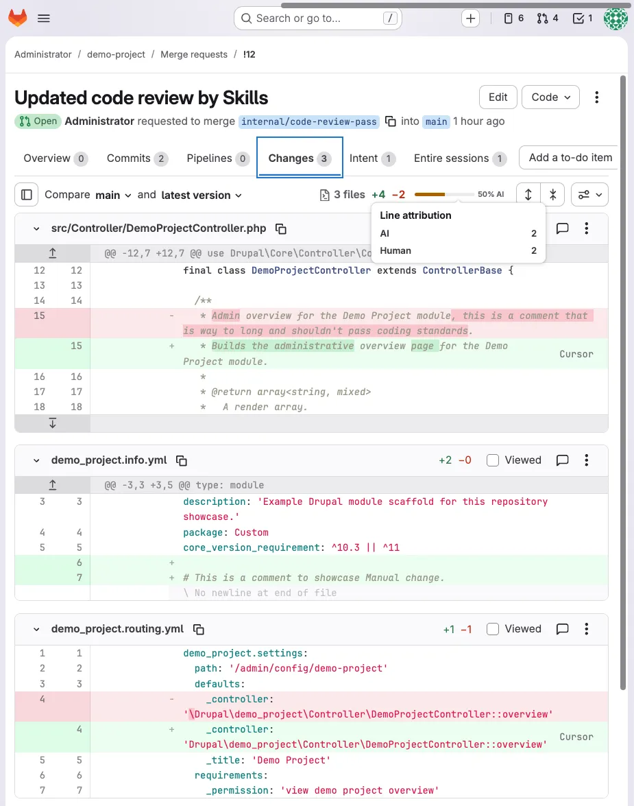 Line-level attribution: agent-authored vs human-edited changes