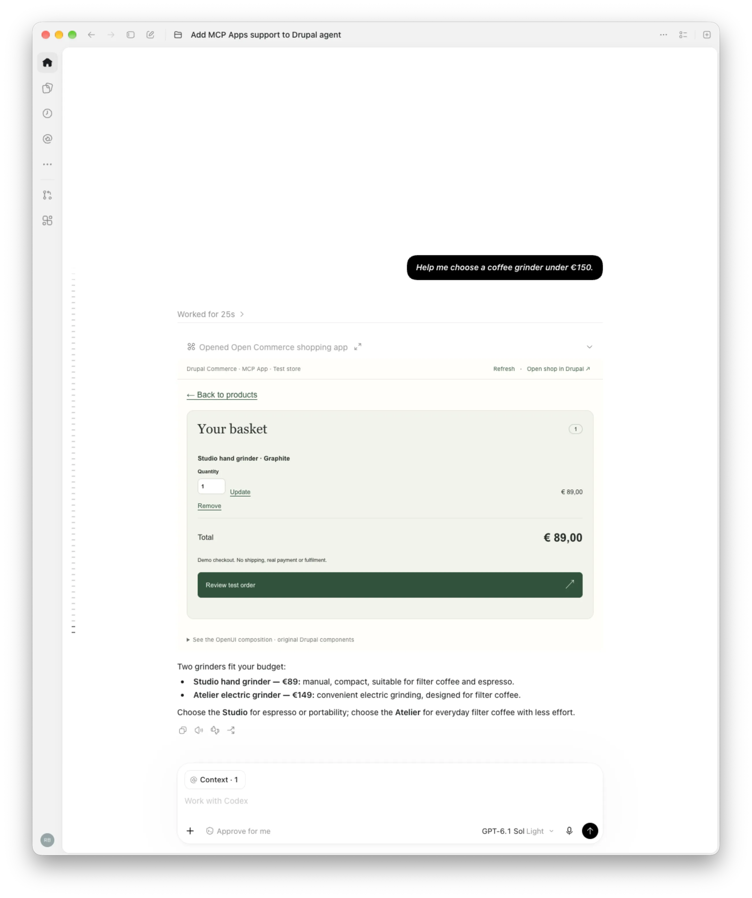 Codex showing the MCP App basket with a Studio hand grinder, quantity controls and a €89 total