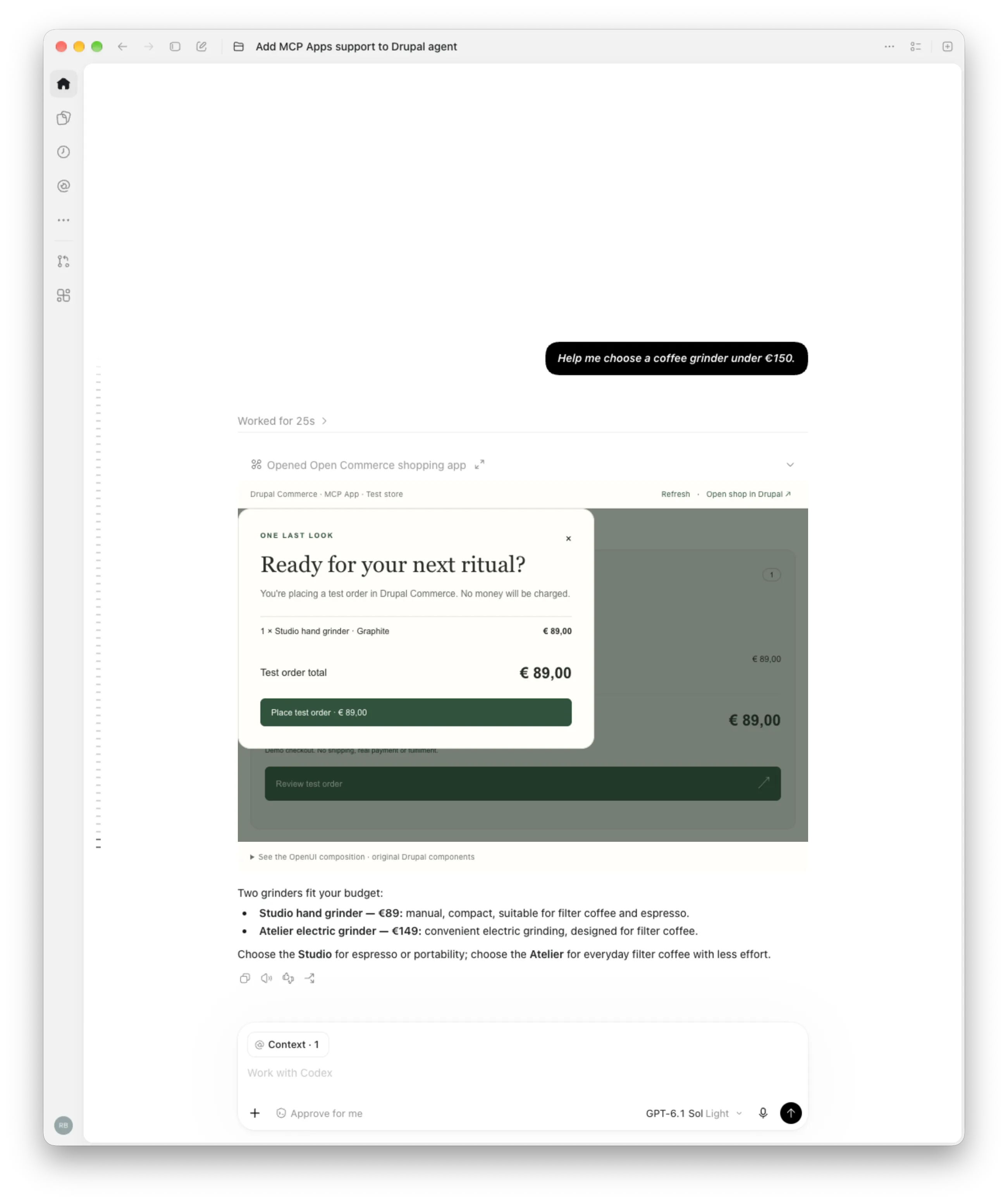 Codex showing the MCP App review dialog for a €89 test order
