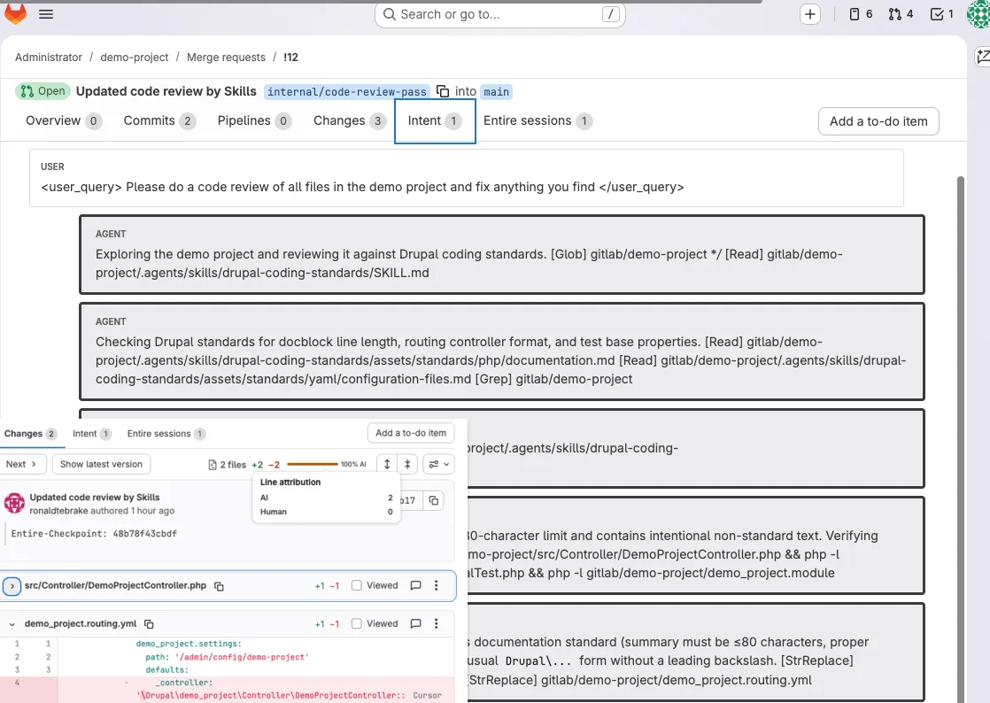 GitLab merge request view surfacing agent intent and line-level attribution