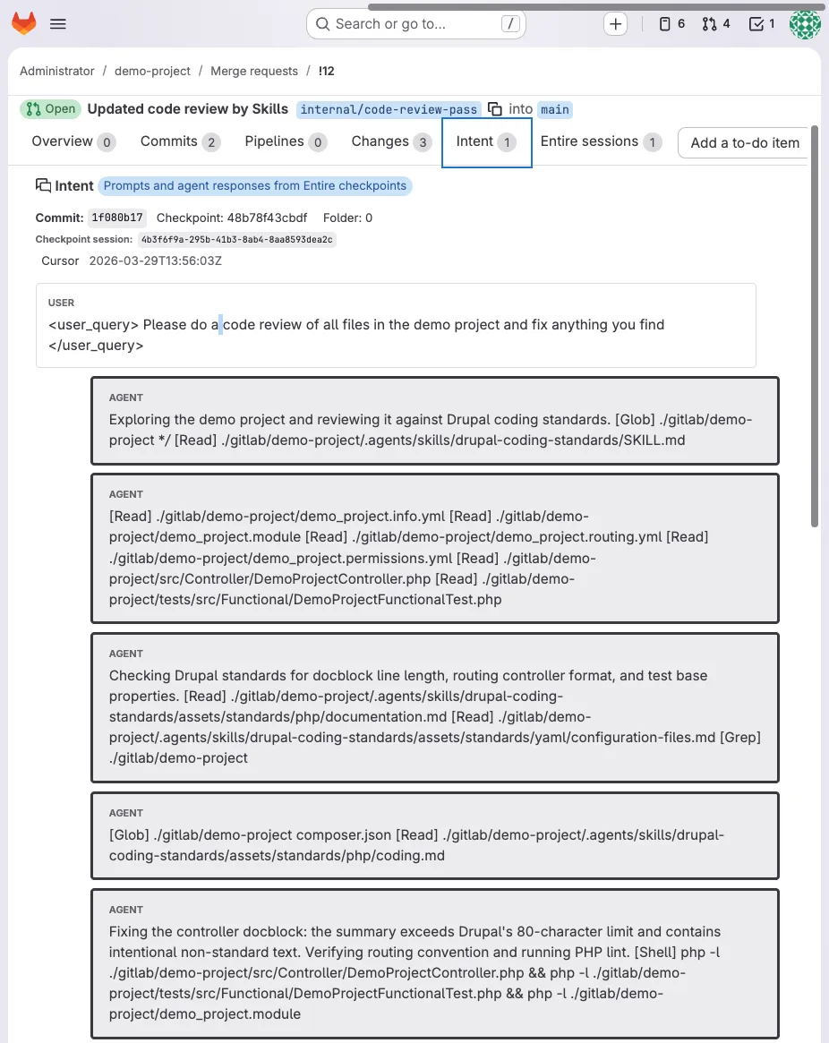 Merge request view: prompt, agent steps, skills, and tools