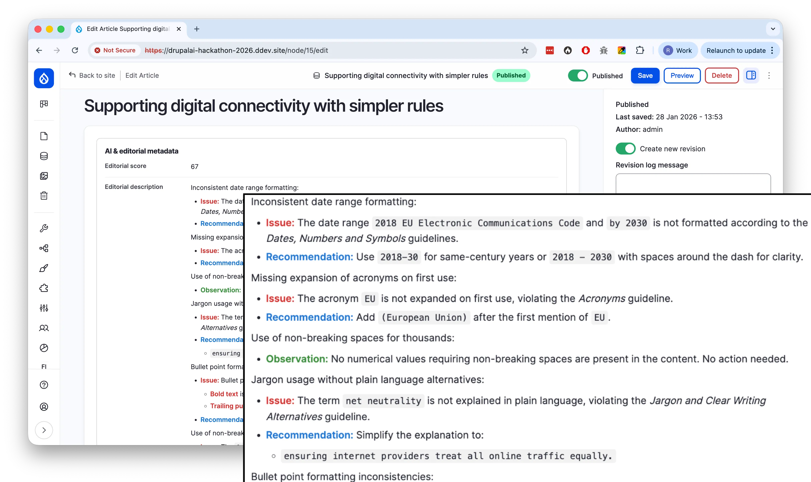 Editorial score and detailed feedback