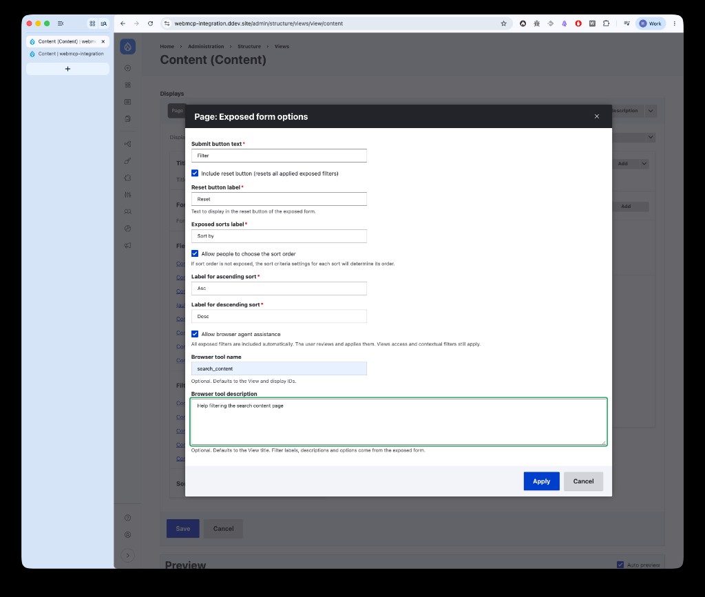 Views exposed form options with browser agent assistance enabled